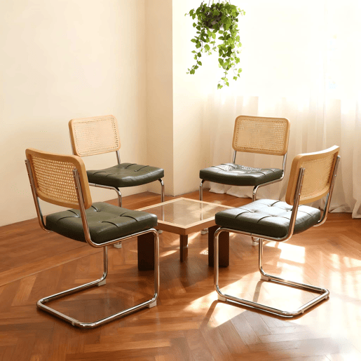 Conjunto de 4 cadeiras de jantar - couro sintético, pés cromados, design Breuer - verde