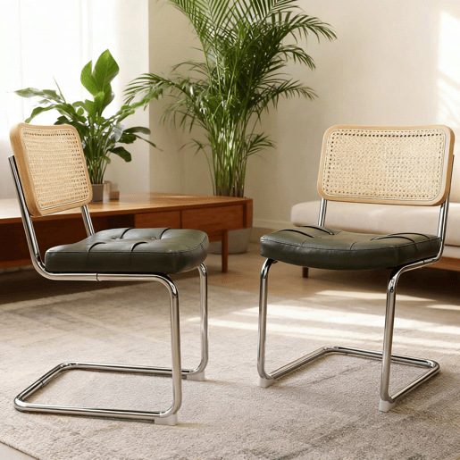 Conjunto de 4 cadeiras de jantar - couro sintético, pés cromados, design Breuer - verde