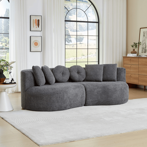 Sofá modular curvo de 3 lugares u2013 2 peças, chenille, sem braços, encosto contínuo e 6 almofadas u2013 Cinza antracite Sofá modular curvo de 3 lugares u2013 2 peças, chenille, sem braços, encosto contínuo e 6 almofadas u2013 Cinza antracite