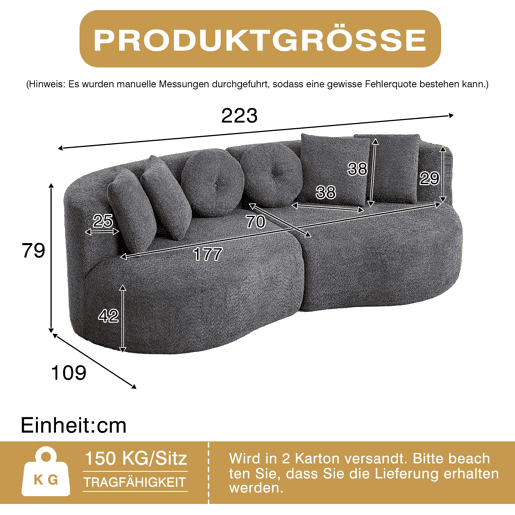 Sofá modular curvo de 3 lugares u2013 2 peças, chenille, sem braços, encosto contínuo e 6 almofadas u2013 Cinza antracite Sofá modular curvo de 3 lugares u2013 2 peças, chenille, sem braços, encosto contínuo e 6 almofadas u2013 Cinza antracite