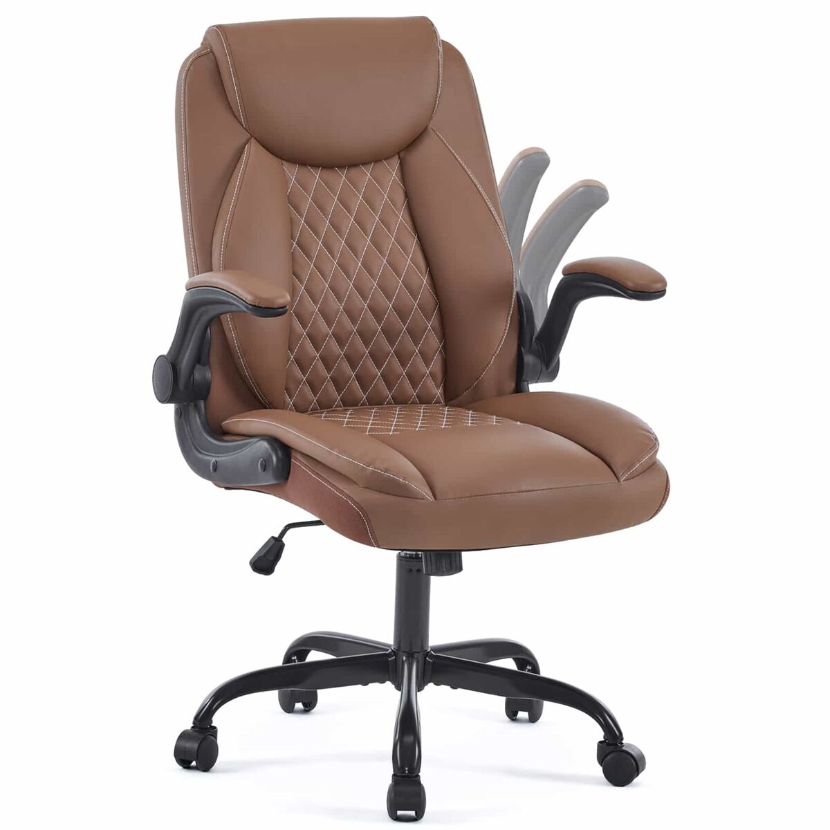 Silla de oficina 64 × 64 × 102 cm - giratoria con ruedas, respaldo acolchado y tapizado en piel sintética - marrón