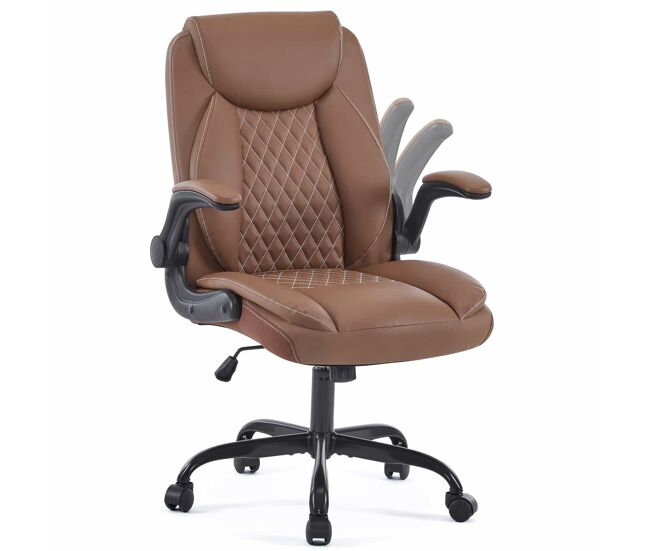 Silla de oficina 64 × 64 × 102 cm - giratoria con ruedas, respaldo acolchado y tapizado en piel sintética - marrón