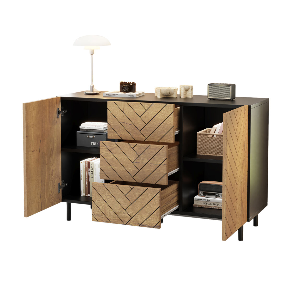 Aparador de panel de partículas con 2 puertas y 3 cajones,negro+madera