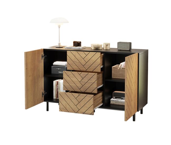 Aparador de panel de partículas con 2 puertas y 3 cajones,negro+madera