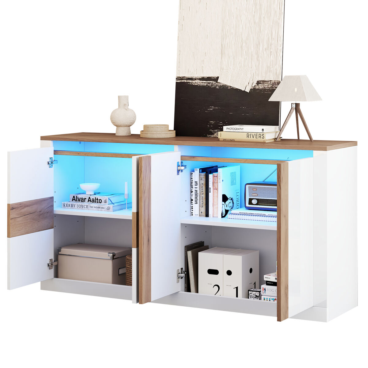Aparador de mdf con 4 puertas y luz led,blanco+natural