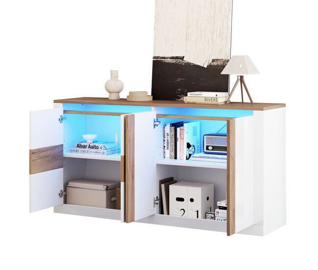 Aparador de mdf con 4 puertas y luz led,blanco+natural