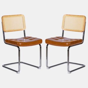 Conjunto de 2 cadeiras de jantar - couro sintético, rattan e pernas cromadas - castanho