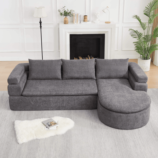 Sofá de canto em L com 3 lugares - Chaise longue, chenille e braços escalonados - Cinza antracite