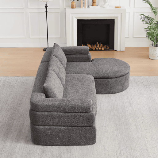 Sofá de canto em L com 3 lugares - Chaise longue, chenille e braços escalonados - Cinza antracite