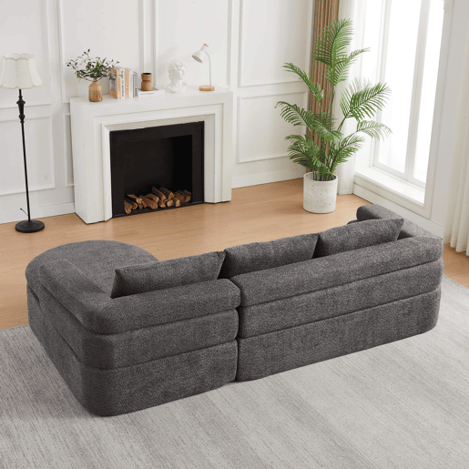 Sofá de canto em L com 3 lugares - Chaise longue, chenille e braços escalonados - Cinza antracite
