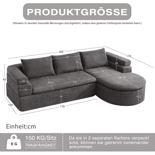Sofá de canto em L com 3 lugares - Chaise longue, chenille e braços escalonados - Cinza antracite