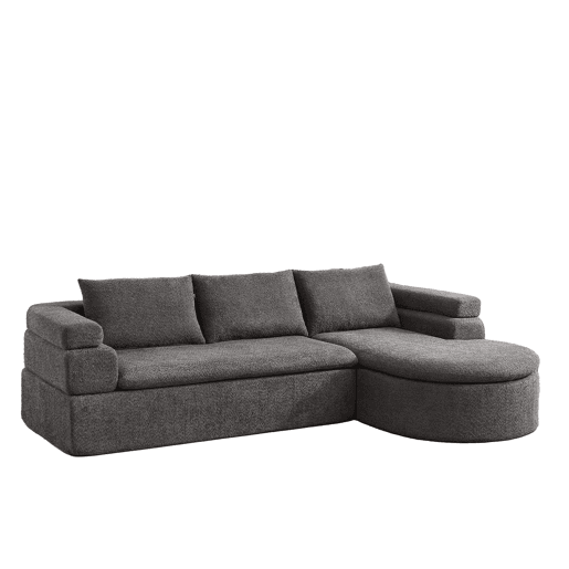 Sofá de canto em L com 3 lugares - Chaise longue, chenille e braços escalonados - Cinza antracite