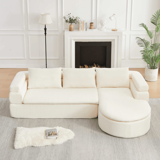 Sofá de canto em L com 3 lugares - Chenilla, design «nuvem» com chaise longue curva - Bege Sofá de canto em L com 3 lugares - Chenilla, design «nuvem» com chaise longue curva - Bege
