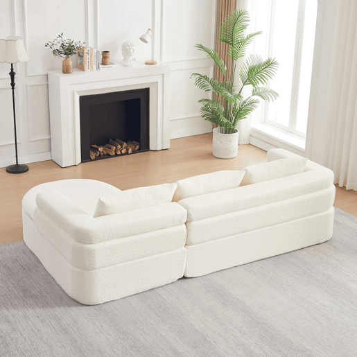 Sofá de canto em L com 3 lugares - Chenilla, design «nuvem» com chaise longue curva - Bege Sofá de canto em L com 3 lugares - Chenilla, design «nuvem» com chaise longue curva - Bege