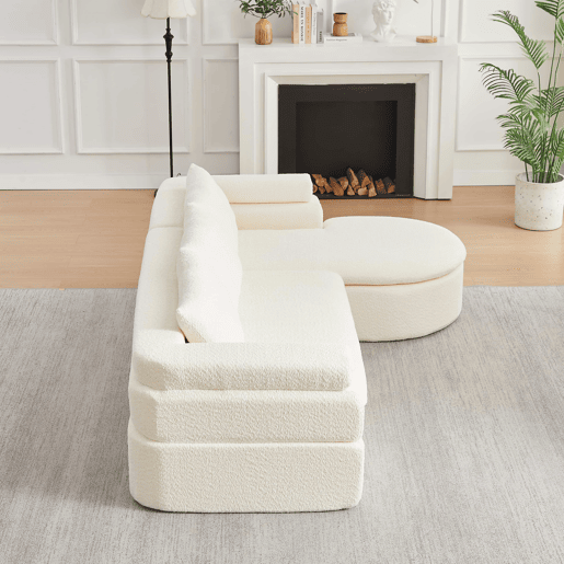 Sofá de canto em L com 3 lugares - Chenilla, design «nuvem» com chaise longue curva - Bege Sofá de canto em L com 3 lugares - Chenilla, design «nuvem» com chaise longue curva - Bege