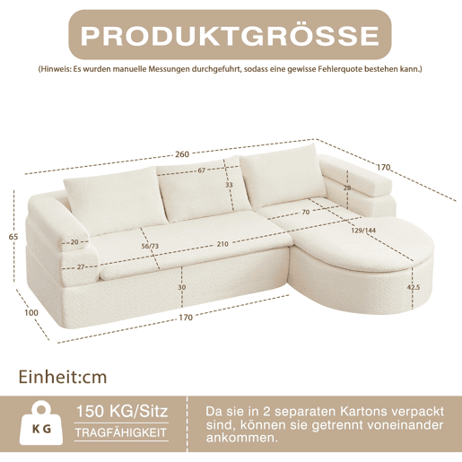 Sofá de canto em L com 3 lugares - Chenilla, design «nuvem» com chaise longue curva - Bege Sofá de canto em L com 3 lugares - Chenilla, design «nuvem» com chaise longue curva - Bege