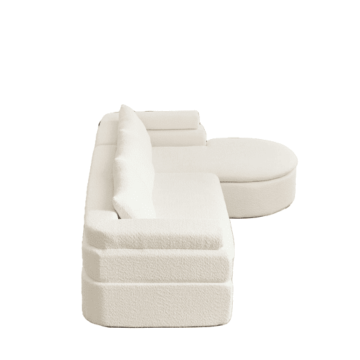 Sofá de canto em L com 3 lugares - Chenilla, design «nuvem» com chaise longue curva - Bege Sofá de canto em L com 3 lugares - Chenilla, design «nuvem» com chaise longue curva - Bege