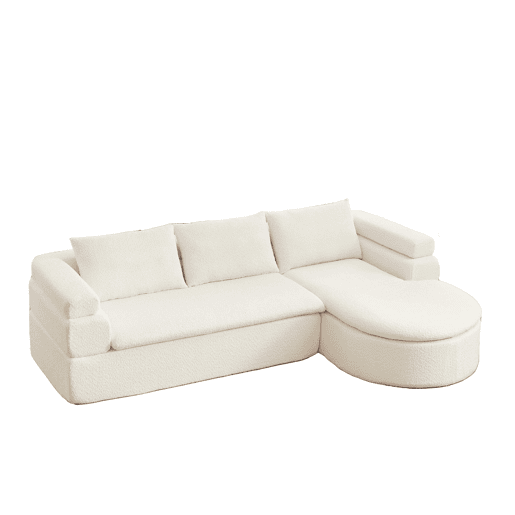 Sofá de canto em L com 3 lugares - Chenilla, design «nuvem» com chaise longue curva - Bege Sofá de canto em L com 3 lugares - Chenilla, design «nuvem» com chaise longue curva - Bege