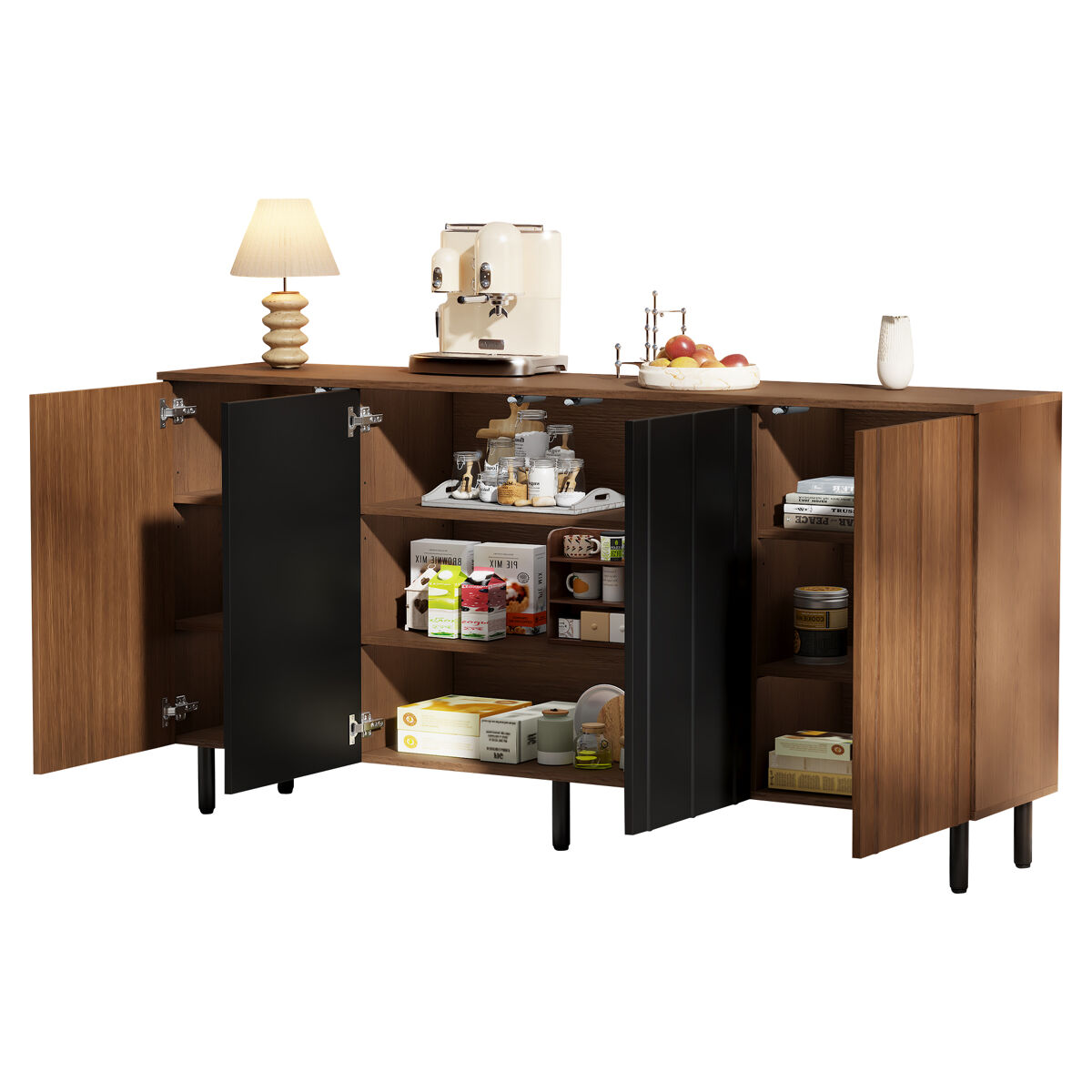 Aparador de panel de partículas con 4 puertas,negro+madera
