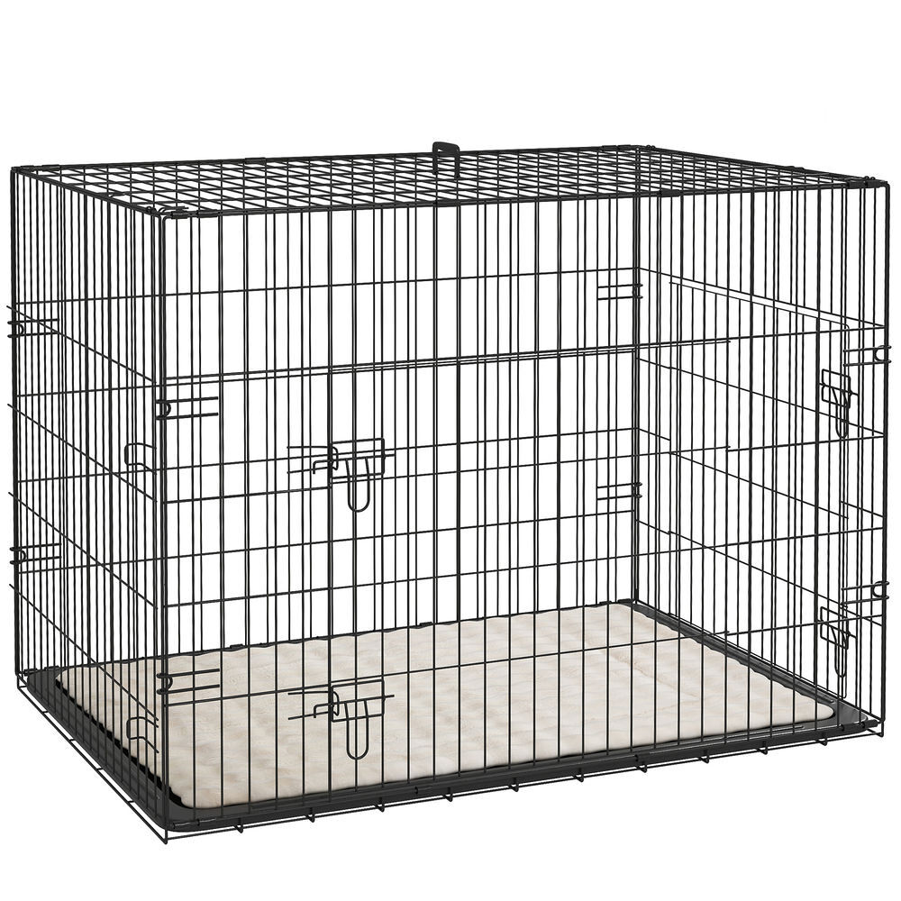 Pawhut jaula para perros plegable, jaula para perros grandes con cojín, 2 puertas, bandeja extraíble y marco de alambre metálico, 90x57,5x62 cm, negro y beige