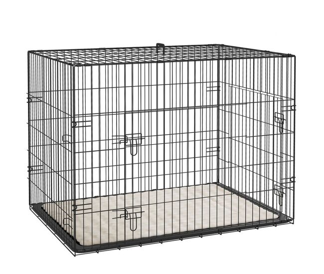 Pawhut jaula para perros plegable, jaula para perros grandes con cojín, 2 puertas, bandeja extraíble y marco de alambre metálico, 90x57,5x62 cm, negro y beige