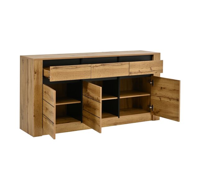 Aparador de panel de partículas con 3 puertas y 3 cajones,madera+negro