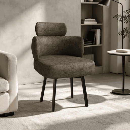 Cadeira de jantar giratória a 360° 56,5 × 54 × 89 cm u2013 estofada em chenille, com braços e encosto curvo u2013 Verde-oliva Cadeira de jantar giratória a 360° 56,5 × 54 × 89 cm u2013 estofada em chenille, com braços e encosto curvo u2013 Verde-oliva