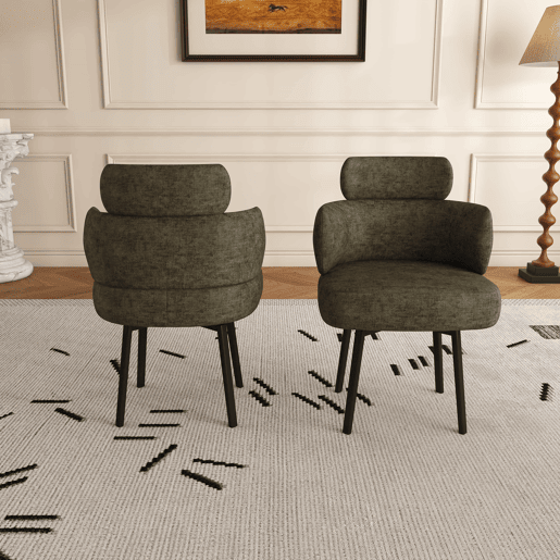 Cadeira de jantar giratória a 360° 56,5 × 54 × 89 cm u2013 estofada em chenille, com braços e encosto curvo u2013 Verde-oliva Cadeira de jantar giratória a 360° 56,5 × 54 × 89 cm u2013 estofada em chenille, com braços e encosto curvo u2013 Verde-oliva