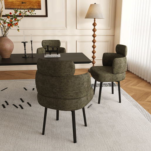 Cadeira de jantar giratória a 360° 56,5 × 54 × 89 cm u2013 estofada em chenille, com braços e encosto curvo u2013 Verde-oliva Cadeira de jantar giratória a 360° 56,5 × 54 × 89 cm u2013 estofada em chenille, com braços e encosto curvo u2013 Verde-oliva
