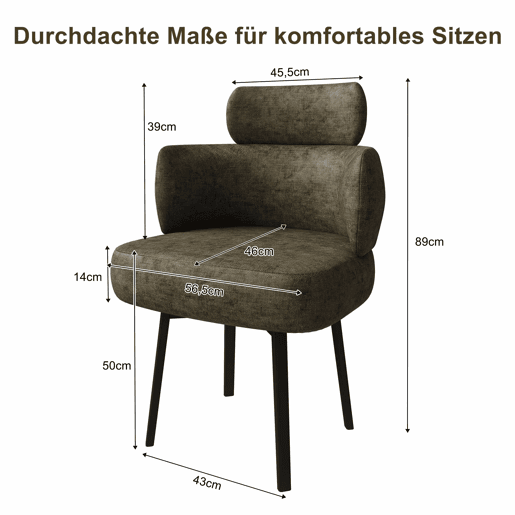 Cadeira de jantar giratória a 360° 56,5 × 54 × 89 cm u2013 estofada em chenille, com braços e encosto curvo u2013 Verde-oliva Cadeira de jantar giratória a 360° 56,5 × 54 × 89 cm u2013 estofada em chenille, com braços e encosto curvo u2013 Verde-oliva