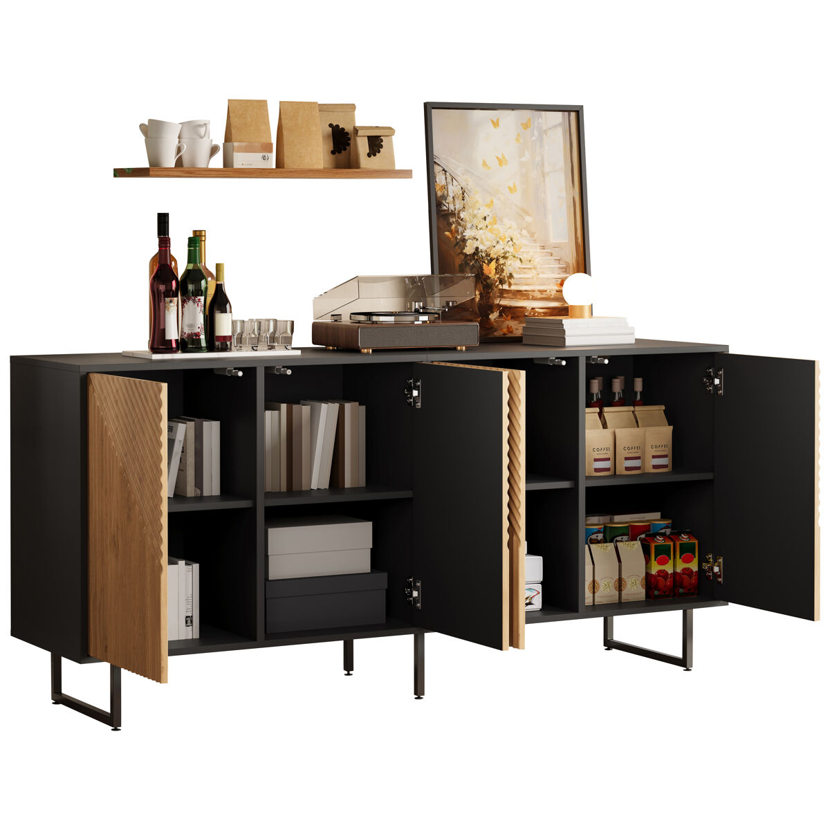Aparador de panel de partículas con 4 puertas,negro+madera