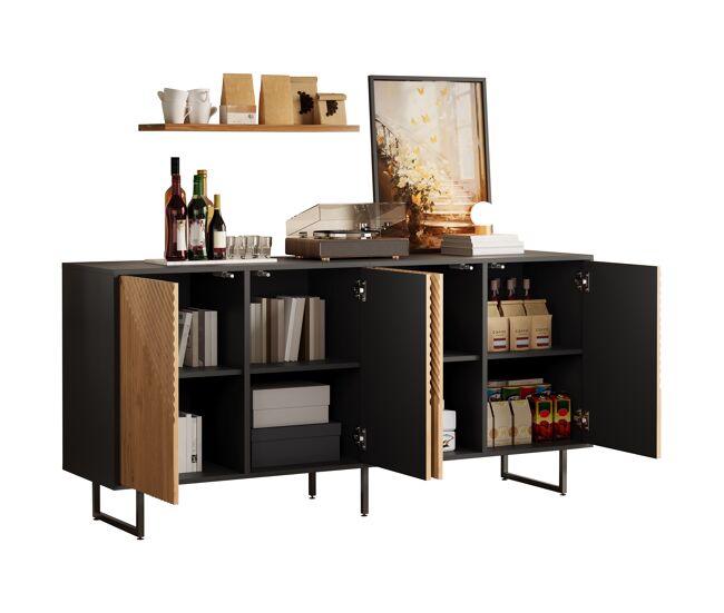Aparador de panel de partículas con 4 puertas,negro+madera