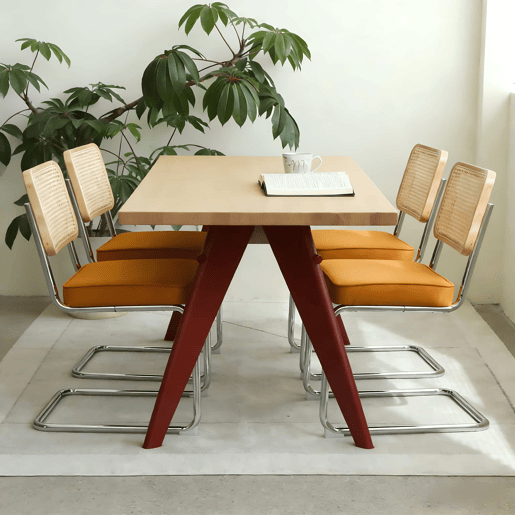 Conjunto de 4 cadeiras de jantar - veludo, rattan e pernas cromadas, estilo Breuer - laranja Conjunto de 4 cadeiras de jantar - veludo, rattan e pernas cromadas, estilo Breuer - laranja