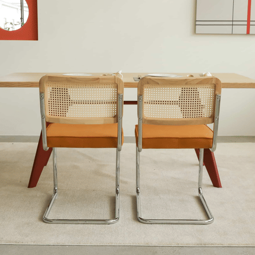 Conjunto de 4 cadeiras de jantar - veludo, rattan e pernas cromadas, estilo Breuer - laranja Conjunto de 4 cadeiras de jantar - veludo, rattan e pernas cromadas, estilo Breuer - laranja