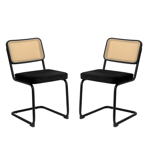 Conjunto de 2 cadeiras de jantar u2013 veludo e rattan, pernas cromadas, estilo moderno u2013 preto