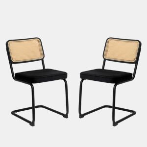 Conjunto de 2 cadeiras de jantar u2013 veludo e rattan, pernas cromadas, estilo moderno u2013 preto