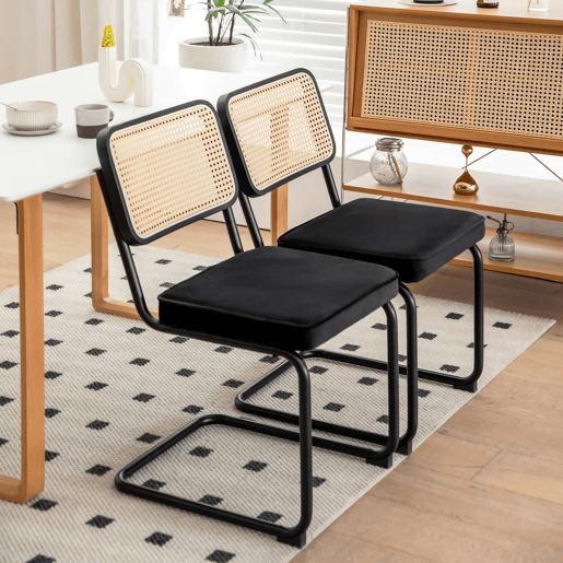 Conjunto de 2 cadeiras de jantar u2013 veludo e rattan, pernas cromadas, estilo moderno u2013 preto