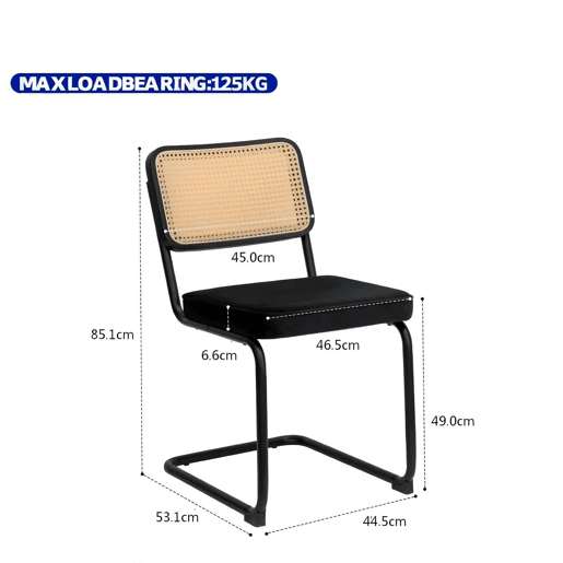 Conjunto de 2 cadeiras de jantar u2013 veludo e rattan, pernas cromadas, estilo moderno u2013 preto