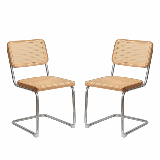 Conjunto de 4 cadeiras de jantar - veludo e rattan, pernas cromadas, design Breuer - madeira natural