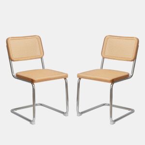 Conjunto de 4 cadeiras de jantar - veludo e rattan, pernas cromadas, design Breuer - madeira natural