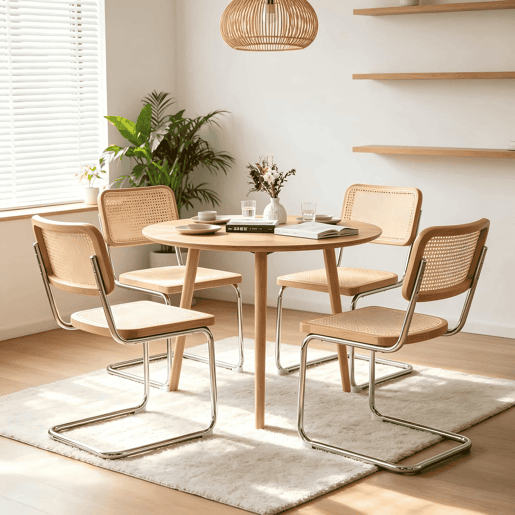 Conjunto de 4 cadeiras de jantar - veludo e rattan, pernas cromadas, design Breuer - madeira natural
