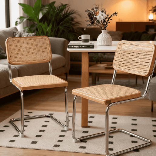 Conjunto de 4 cadeiras de jantar - veludo e rattan, pernas cromadas, design Breuer - madeira natural
