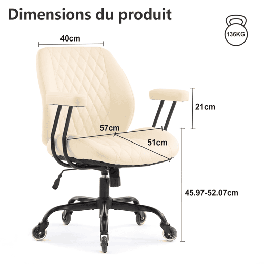 Cadeira de escritório u2013 encosto ergonómico, giratória e com rodas u2013 Creme Cadeira de escritório u2013 encosto ergonómico, giratória e com rodas u2013 Creme
