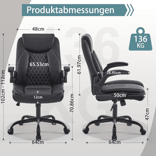 Cadeira de escritório 64 × 64 × 102 cm - giratória com rodas, encosto almofadado e apoios de braços - Preta Cadeira de escritório 64 × 64 × 102 cm - giratória com rodas, encosto almofadado e apoios de braços - Preta