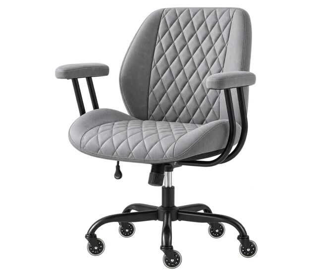 Silla de oficina ergonómica – cuero, soporte lumbar, altura ajustable, giratoria y con reposabrazos – gris