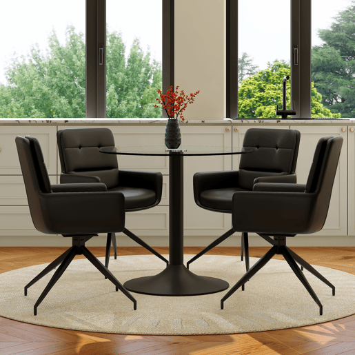 Conjunto mesa e cadeiras jantar 5 peças - Mesa redonda de vidro temperado com base preta e 4 cadeiras PU pretas giratórias 360° - Moderno Conjunto mesa e cadeiras jantar 5 peças - Mesa redonda de vidro temperado com base preta e 4 cadeiras PU pretas giratórias 360° - Moderno