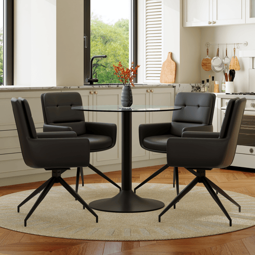 Conjunto mesa e cadeiras jantar 5 peças - Mesa redonda de vidro temperado com base preta e 4 cadeiras PU pretas giratórias 360° - Moderno Conjunto mesa e cadeiras jantar 5 peças - Mesa redonda de vidro temperado com base preta e 4 cadeiras PU pretas giratórias 360° - Moderno