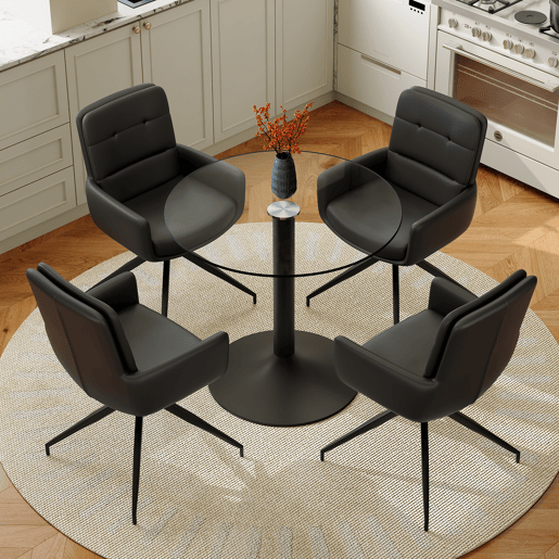 Conjunto mesa e cadeiras jantar 5 peças - Mesa redonda de vidro temperado com base preta e 4 cadeiras PU pretas giratórias 360° - Moderno Conjunto mesa e cadeiras jantar 5 peças - Mesa redonda de vidro temperado com base preta e 4 cadeiras PU pretas giratórias 360° - Moderno
