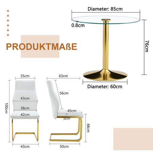 Conjunto mesa e cadeiras jantar Ø85 cm - Mesa redonda de vidro temperado com estrutura dourada e 2 cadeiras modernas PU com encosto acolchoado em losangos - Branco, dourado e transparente Conjunto mesa e cadeiras jantar Ø85 cm - Mesa redonda de vidro temperado com estrutura dourada e 2 cadeiras modernas PU com encosto acolchoado em losangos - Branco, dourado e transparente