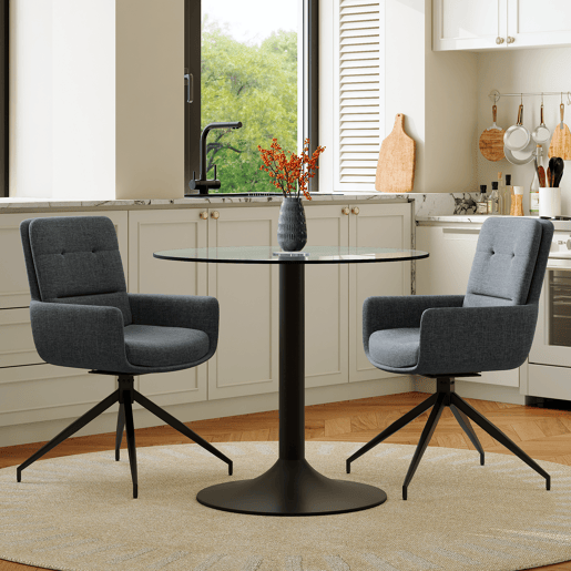 Conjunto de mesa e cadeiras jantar 3 peças - Mesa redonda de vidro temperado e 2 cadeiras giratórias 360° em tecido - Preto e cinza Conjunto de mesa e cadeiras jantar 3 peças - Mesa redonda de vidro temperado e 2 cadeiras giratórias 360° em tecido - Preto e cinza